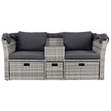 Load image into Gallery viewer, Front view of Azuma Arezzo 2 seater garden sofa loveseat with canopy down and stools stored inside the sofa
