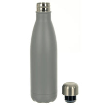 Load image into Gallery viewer, Tall, slimline, grey water bottle with stainless steel twist cap beside
