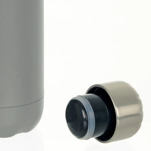Load image into Gallery viewer, Close up of silver stainless steel screw on cap of insulated water bottle in grey

