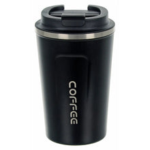 Load image into Gallery viewer, Black and silver stainless steel coffee mug with black lid
