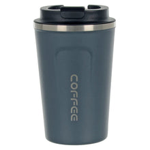 Load image into Gallery viewer, Slate grey and silver stainless steel coffee mug with black lid
