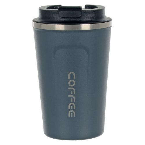 Slate grey and silver stainless steel coffee mug with black lid