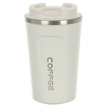 Load image into Gallery viewer, White and silver stainless steel coffee mug with white flip top lid
