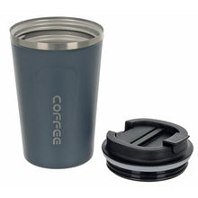 Load image into Gallery viewer, Slate grey insulated coffee cup with black flip lid at the side to show screw top
