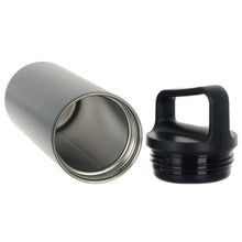 Load image into Gallery viewer, Stainless steel water bottle on its side to show the interior, with screw top handle lid beside it
