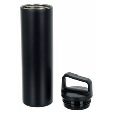 Load image into Gallery viewer, Black reusable water bottle with screw top wide mouth and black handle
