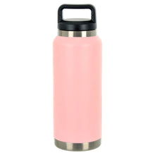 Load image into Gallery viewer, Large pink and silver stainless steel water bottle with black handle on the lid
