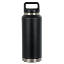 Load image into Gallery viewer, Wide rim black and silver stainless steel water bottle with black handle on the lid
