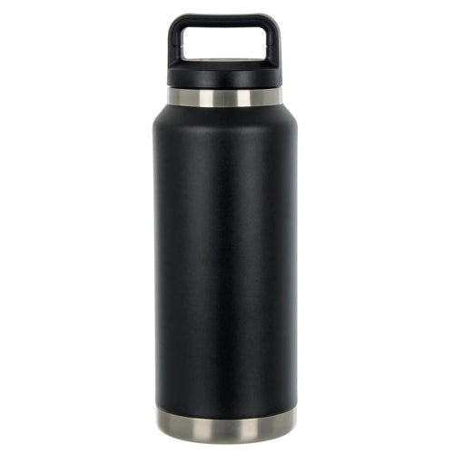 Wide rim black and silver stainless steel water bottle with black handle on the lid