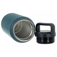 Load image into Gallery viewer, Teal blue stainless steel water bottle on its side, showing the inside with wide rim
