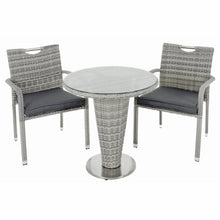 Load image into Gallery viewer, grey rattan bistro set on white background featuring glass top table, 2 rattan chairs with dark grey seat cushions
