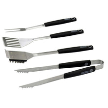 Load image into Gallery viewer, Azuma bbq tools set of 4 cooking utensils in stainless steel and black rubber, including serrated tongs, wire brush, slotted turner and meat fork
