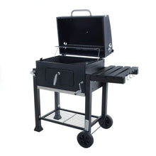Load image into Gallery viewer, Black Rhino barbecue with lid open to show grill and warming rack
