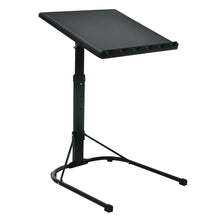 Load image into Gallery viewer, laptop stand with raised edge table top, curved base and adjustable height setting
