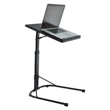Load image into Gallery viewer, side view of laptop table stand with laptop on top resting against raised edge
