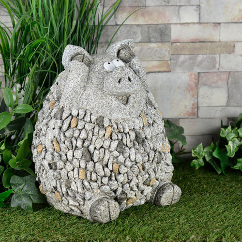 Grey stone pig garden decoration ornament, round animal figure with mosaic pebble body