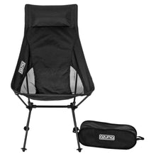 Load image into Gallery viewer, Front view of the Azuma ultra ligtweight camping chair in black with headrest, side mesh panels and folds down into a small carry bag
