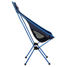 Load image into Gallery viewer, Side view of extra light, folding fishing chair in navy and blue
