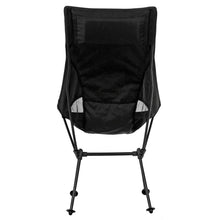Load image into Gallery viewer, Back view of very light weight camping chair in black with aluminium frame and side mesh panels for comfort in the garden or the beach
