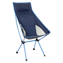 Load image into Gallery viewer, Azuma super lightweight camping chair with navy fabric and blue aluminium frame, side panels and a padded headrest
