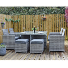Load image into Gallery viewer, Monza 8 seater cube set, grey rattan garden furniture on decking with flowers and plants, for outdoor dining
