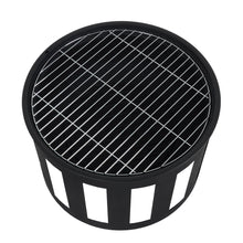Load image into Gallery viewer, Top view of black round firepit bbq with chrome plated cooking grill
