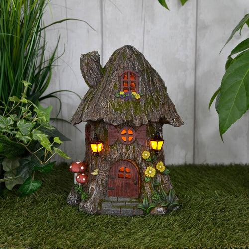 Azuma Fairy Cottage Tree House Solar Garden Ornament Yellow LED Lights XS6902