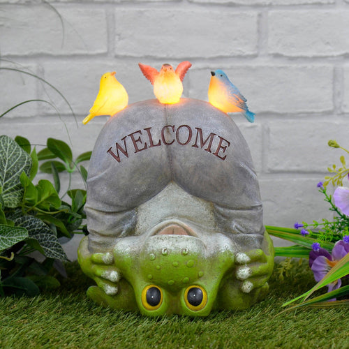 Novelty Welcome solar frog ornament with 3 birds lit up sitting on the frog's bottom, on grass beside a white wall and plants