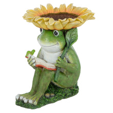 Load image into Gallery viewer, Resin garden ornament, green frog holding a sunflower shape dish bird feeder
