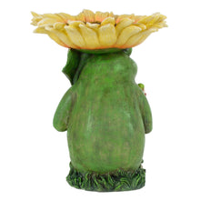 Load image into Gallery viewer, Back view of green frog holding a sunflower bird feeder
