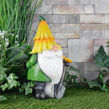 Load image into Gallery viewer, Novelty garden gnome ornament with garden spade and yellow flower hat
