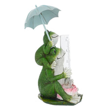 Load image into Gallery viewer, Side view of funny frogs rain gauge with light blue umbrella
