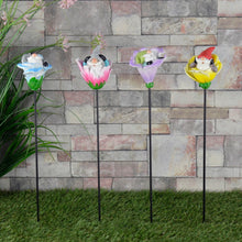Load image into Gallery viewer, Set of 4 garden gnome flower stakes, 38cm tall, made from polyresin, each featuring a different gnome in a flower head design

