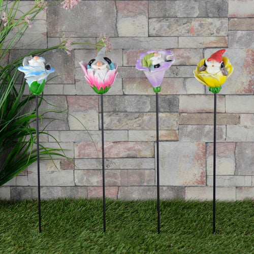 Set of 4 garden gnome flower stakes, 38cm tall, made from polyresin, each featuring a different gnome in a flower head design