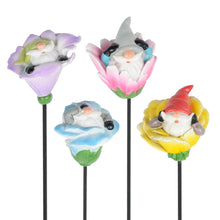 Load image into Gallery viewer, Close up detail of 4 garden gnome flower stakes each with different figure inside a flower
