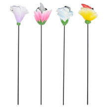 Load image into Gallery viewer, Back view of 4 garden gnome plant stakes with different figures inside coloured flowers
