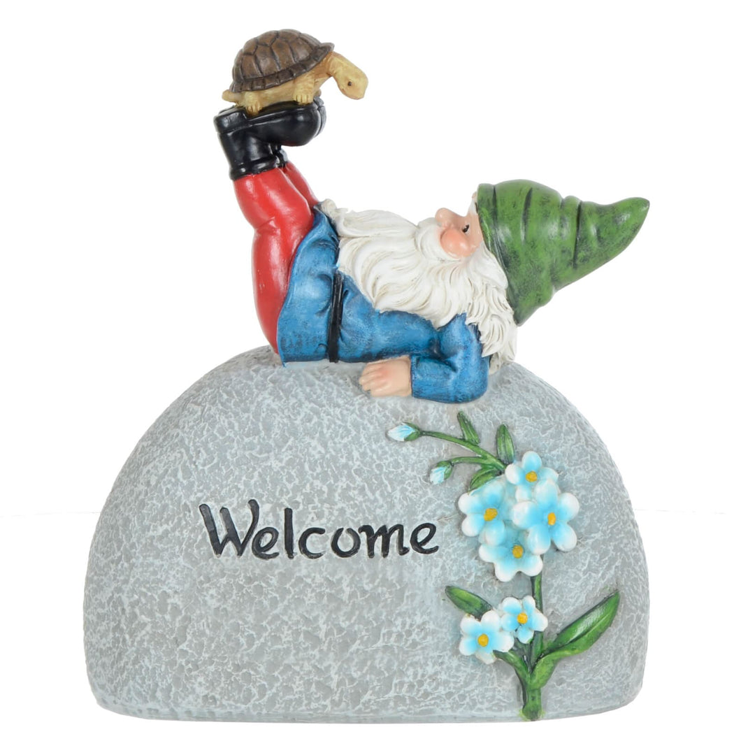 Azuma Garden Gnome On Pebble Welcome Ornament Resin Outdoor Green Hat XS6995