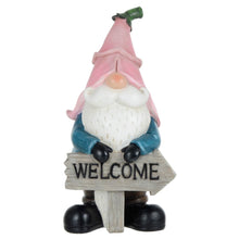 Load image into Gallery viewer, Novelty garden gnome with welcome sign and pink hat, decoration for your lawn or patio
