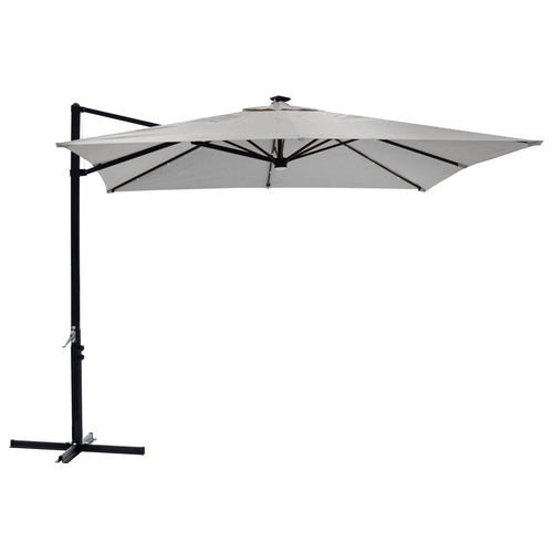 silver grey large garden parasol with LED solar powered lights