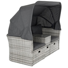 Load image into Gallery viewer, Side view of grey wicker garden sofa with pop up canopy shade
