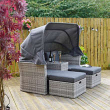 Load image into Gallery viewer, Arezzo grey rattan garden sofa set with dark grey canopy to shade from the sun, 2 pull out ottoman seats, integral table and a storage drawer
