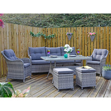 Load image into Gallery viewer, Grey rattan garden sofa set wth table and stools, on decking with flowers and plants
