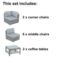 Load image into Gallery viewer, Contents for the Azuma Monaco 8 seater rattan garden furniture set.
