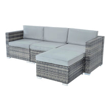 Load image into Gallery viewer, Monaco design 4 piece garden furniture set, 3 seataer garden sofa with grey rattan and light grey cushions

