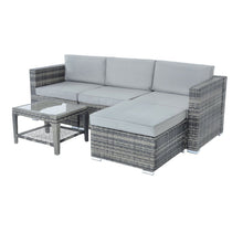 Load image into Gallery viewer, Monaco grey rattan garden furniture 5 piece sofa set with glass top coffee table and grey cushions
