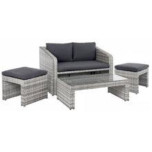 Load image into Gallery viewer, Azuma Varenna garden sofa set with grey rattan 2 seater sofa, 2 ottoman seats and a glass top coffee table
