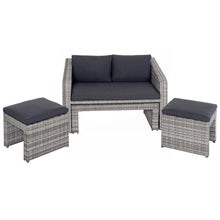 Load image into Gallery viewer, Grey rattan garden sofa set with dark grey cushions, showing the table stored neatly under the sofa
