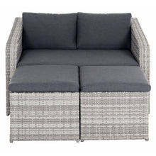 Load image into Gallery viewer, Grey outdoor furniture set with sofa and ottomans moved together to form a lounger
