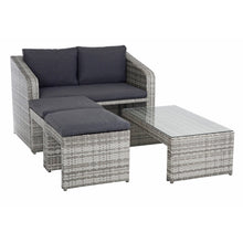Load image into Gallery viewer, Grey garden sofa with 2 stools and a coffee table for entertaining family and friends in summer
