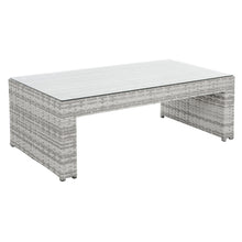Load image into Gallery viewer, Rectangle coffee table with clear tempered glass top and two tone poly rattan weave support
